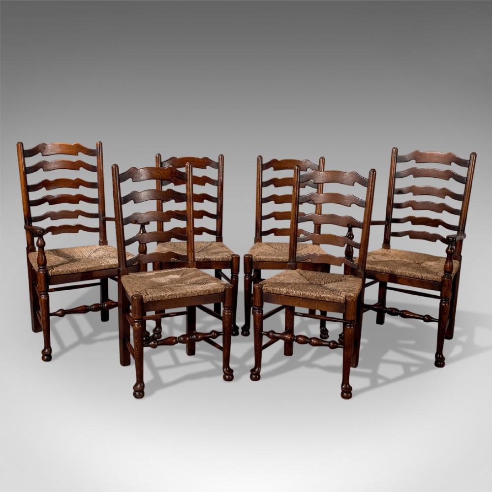 Set of Six Antique Oak Wavy Line Ladderback Dining Chairs, Edwardian Circa 1910