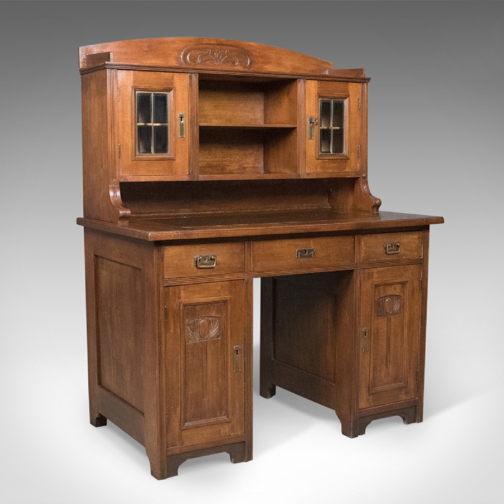Antique Art Nouveau Desk, English, Victorian, Walnut Cabinet Liberty-esque c1900