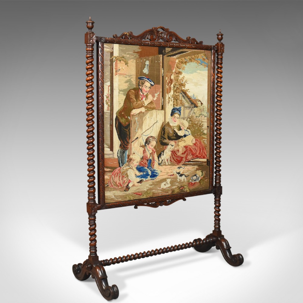 Large Antique Fire Screen, Needlepoint Tapestry Panel, Walnut Frame, Circa 1850