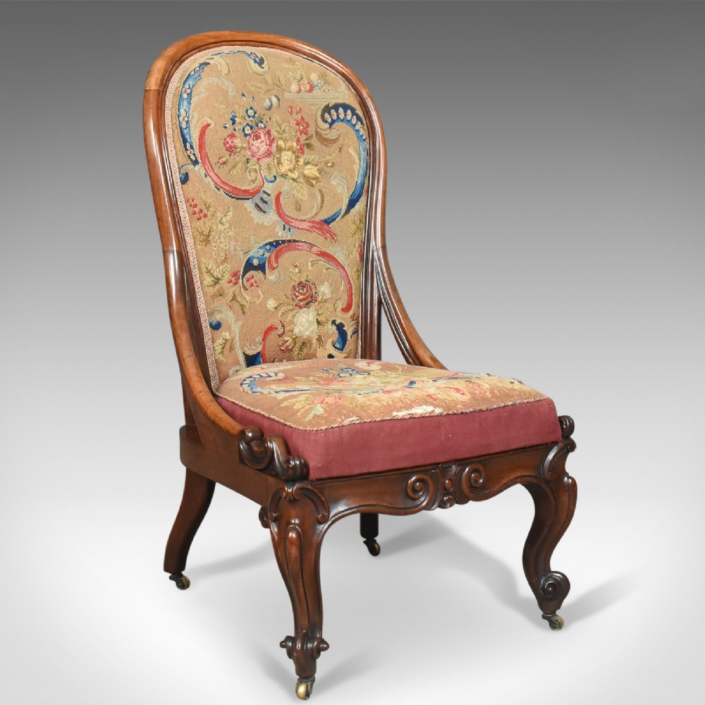 Antique Nursing Chair, English Walnut, Needlepoint Tapestry Victorian Circa 1840