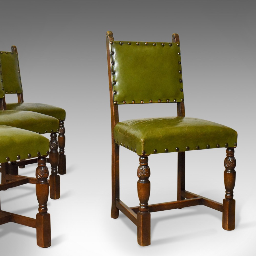 Set of Four Antique Dining Chairs, Jacobean Revival, English Oak Circa 1910 