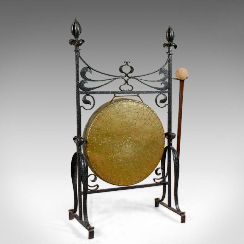 Large Bronze Antique Dinner Gong in Iron Frame, Art Nouveau, Circa 1920
