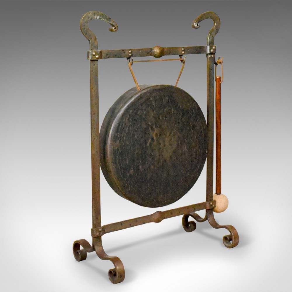 Large Antique Bronze Dinner Gong, Iron Frame, Medieval Styling, Victorian Circa 1900