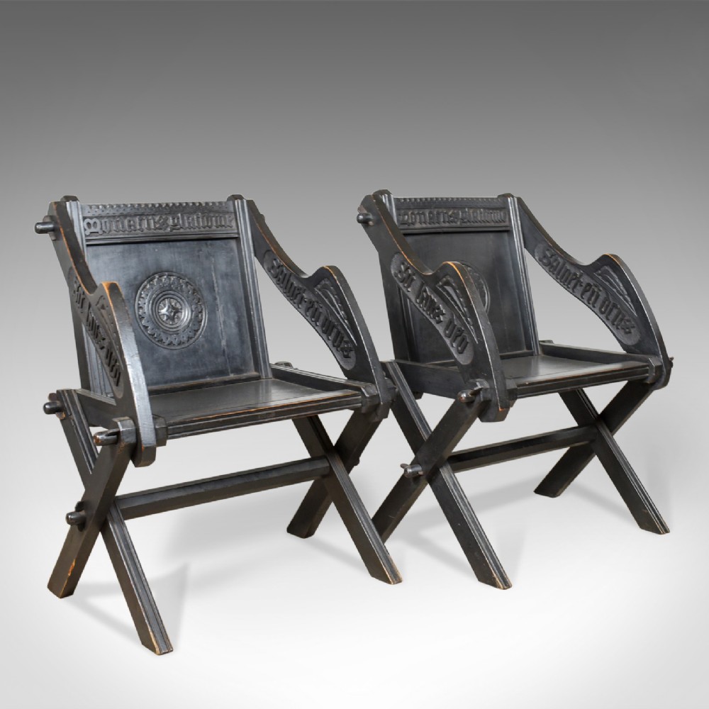 Pair of Antique Glastonbury Chairs, English, Tudor Revival, Carved Hall, c1900