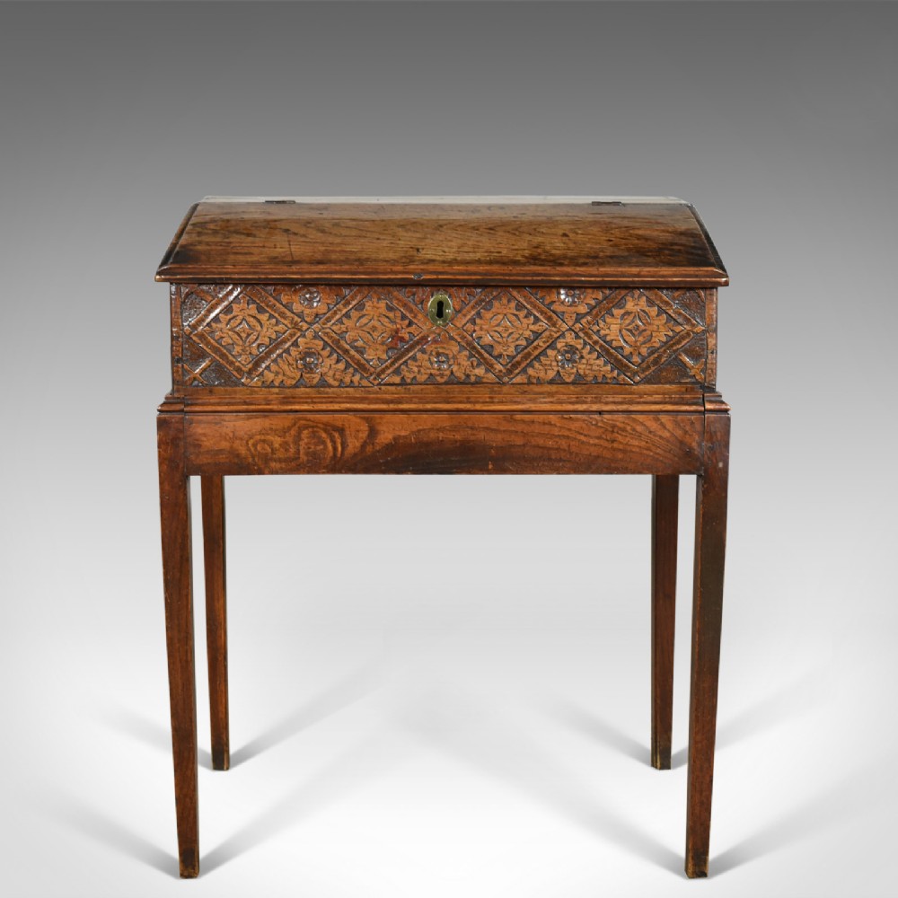 Antique Bible Box on Stand, English Oak Writing Slope 17th Century And Later