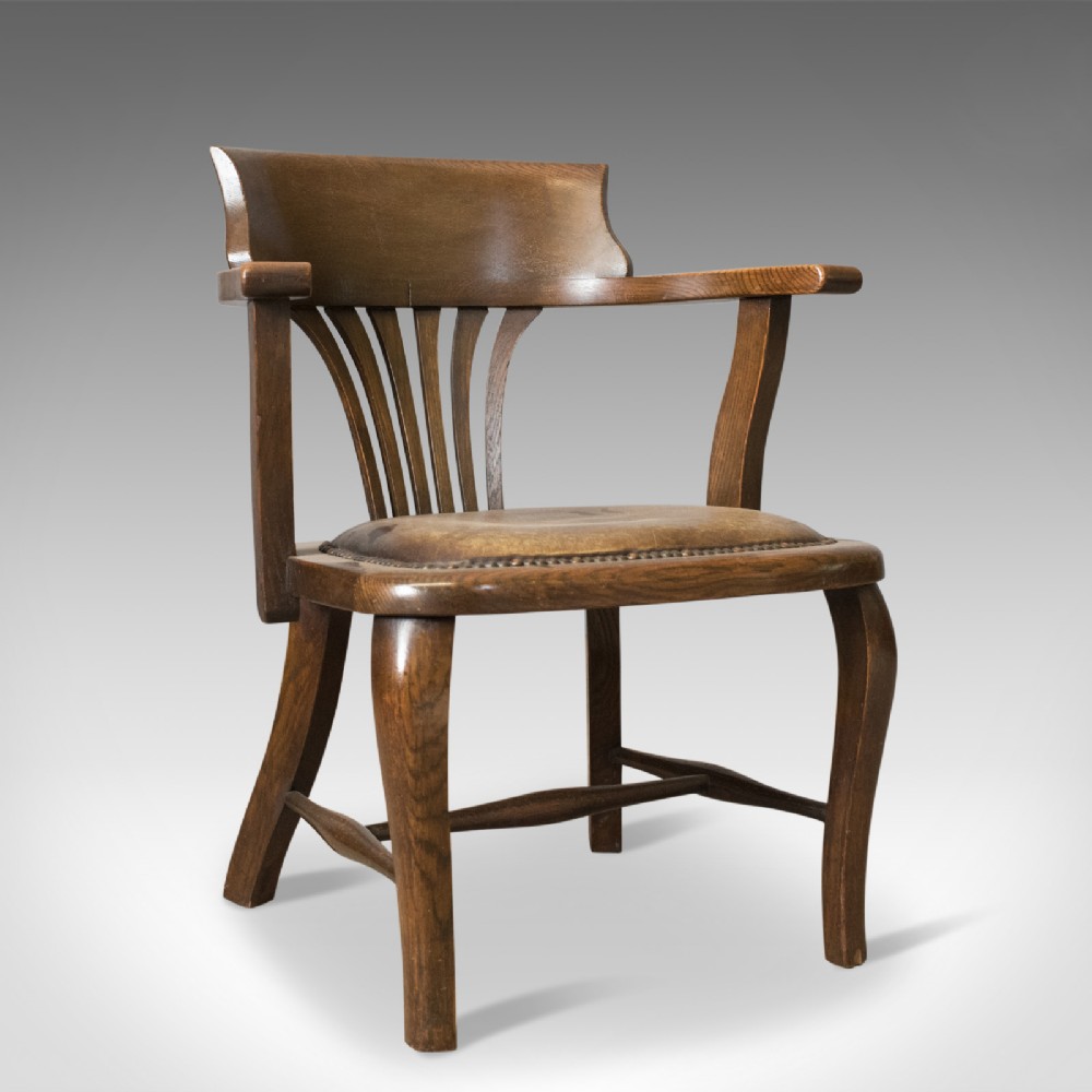 Antique Captain's Chair, English, Oak, Bow-Back, Leather, Smokers Circa 1910