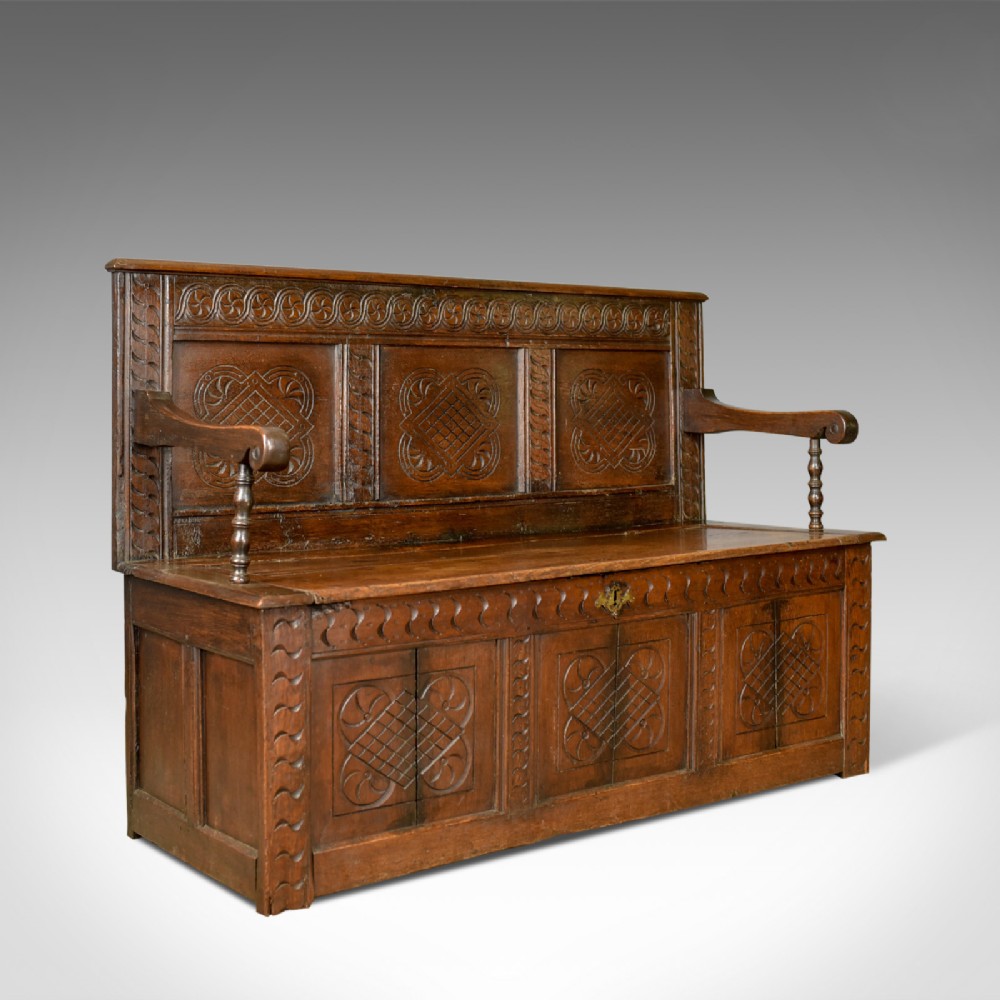 Antique Coffer Settle, English, Oak, Hall, Bench, Seat, Circa 1700