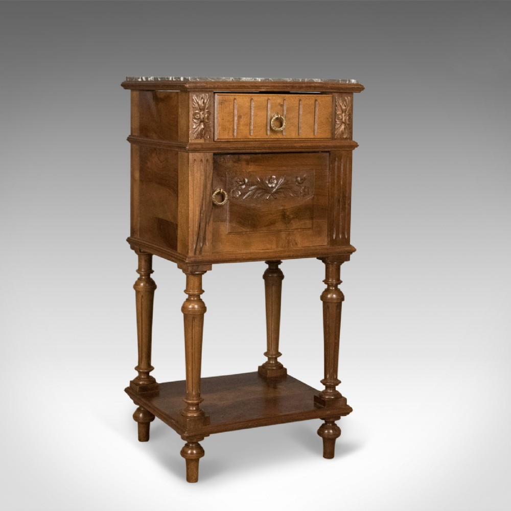 Antique Bedside Cabinet, Victorian Marble Top Pot Cupboard, Walnut Circa 1900