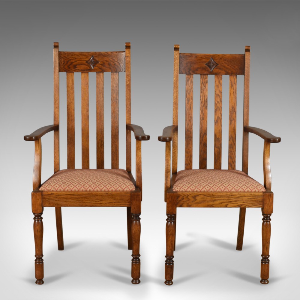 Pair of Antique Armchairs, Arts & Crafts, Liberty-esque, Oak, Carver, Circa 1910