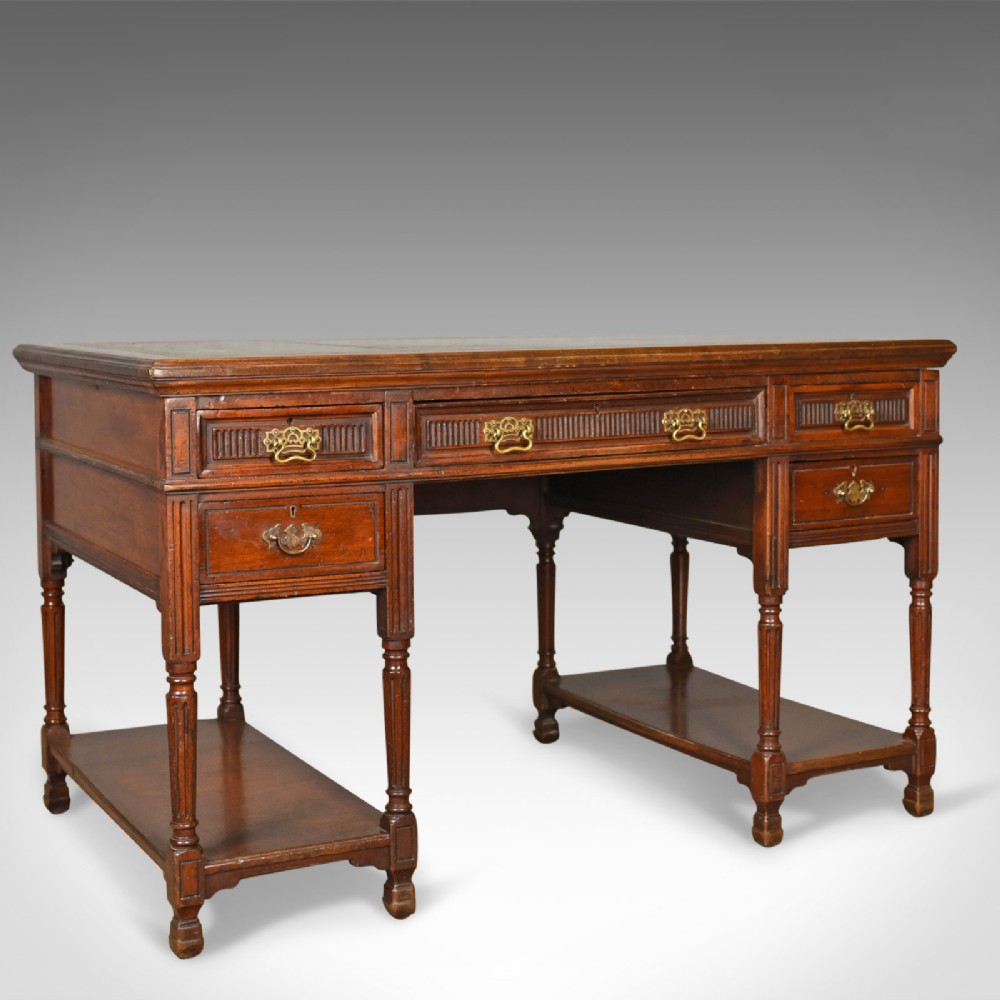 Antique Open Pedestal Desk, English Walnut, W Walker and Sons, London Circa 1870