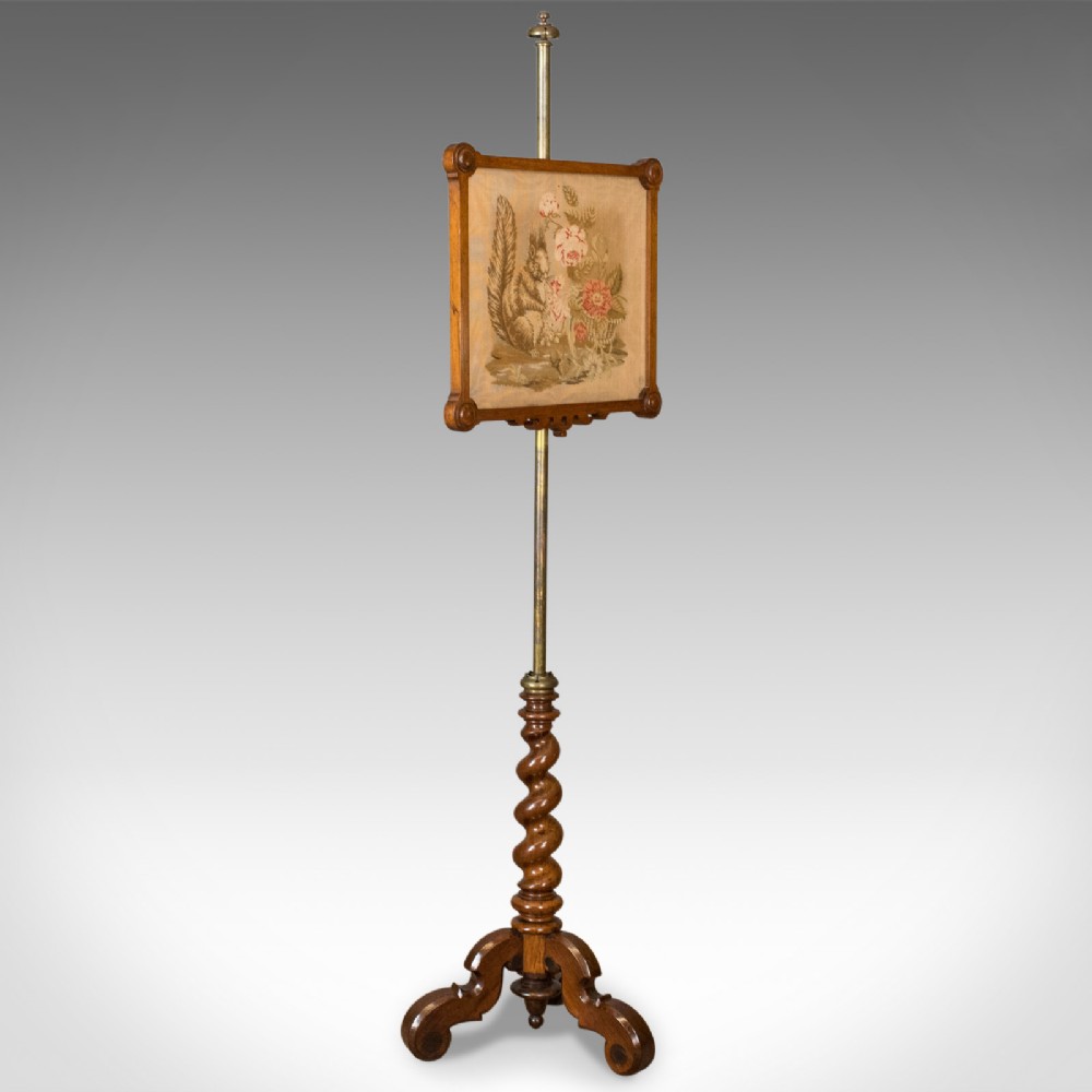 Antique Pole Screen, English, Victorian, Needlepoint, Tapestry Panel Circa 1860