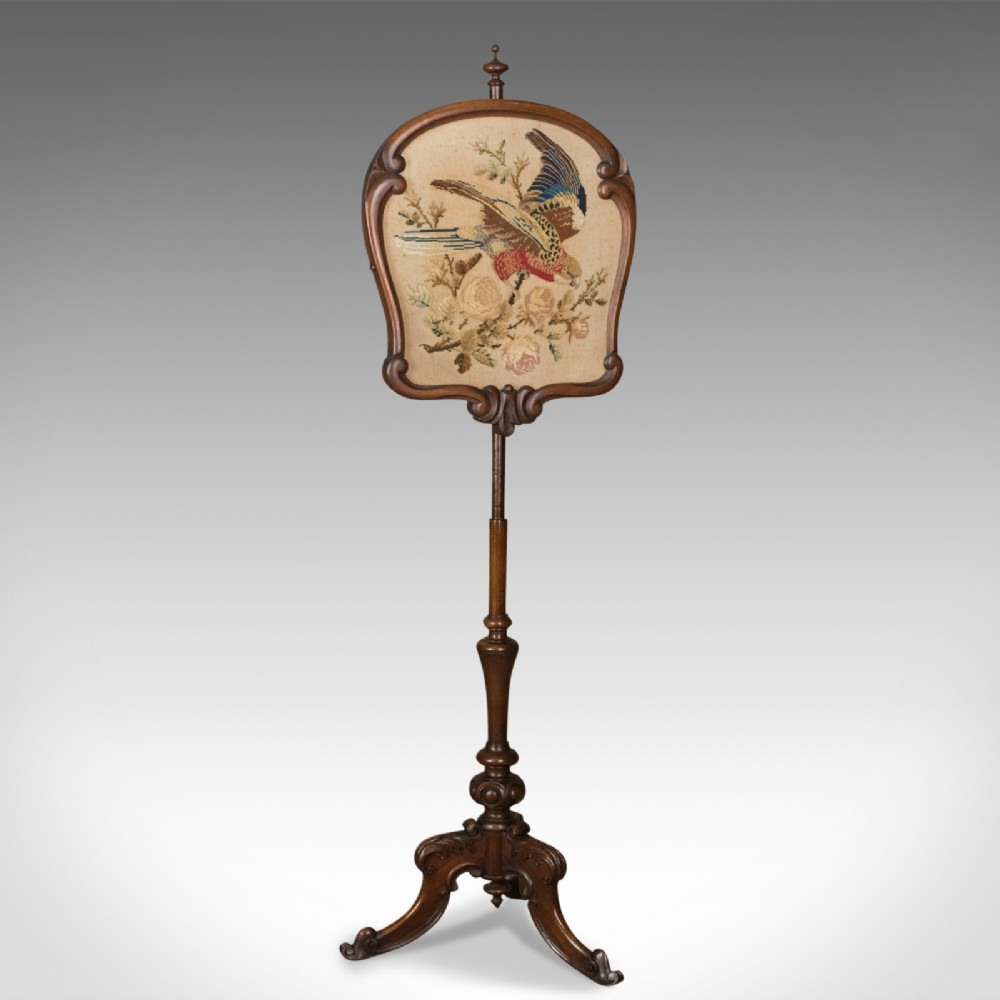Antique Pole Screen, English, Victorian, Fire, Needlepoint, Tapestry Circa 1850