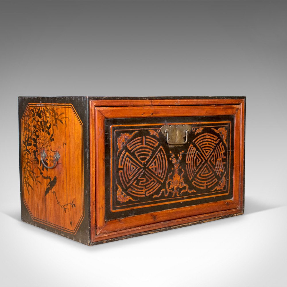 Japanese Antique Chest, Lacquered Pine Trunk, Blanket Box, Late 19th Century