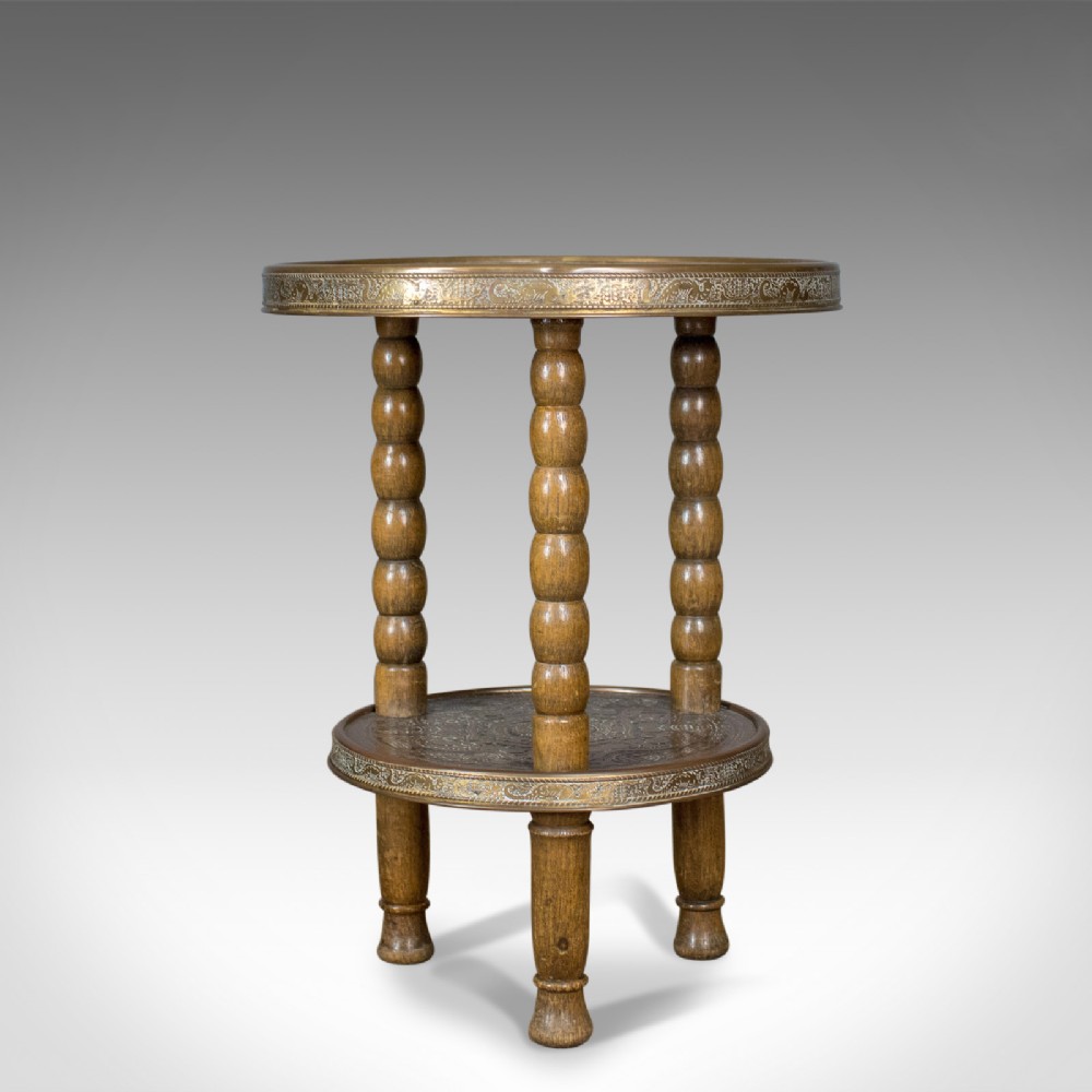 Asian Antique Side Table, Circular Brass Inlaid Tea, Benares, Berber, Circa 1900