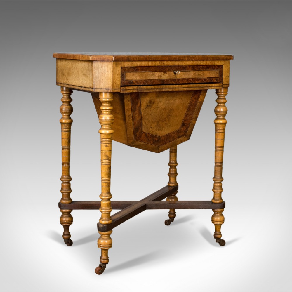 Antique Work Table, Regency, Sewing, English, Burr Walnut, Amboyna, Circa 1820