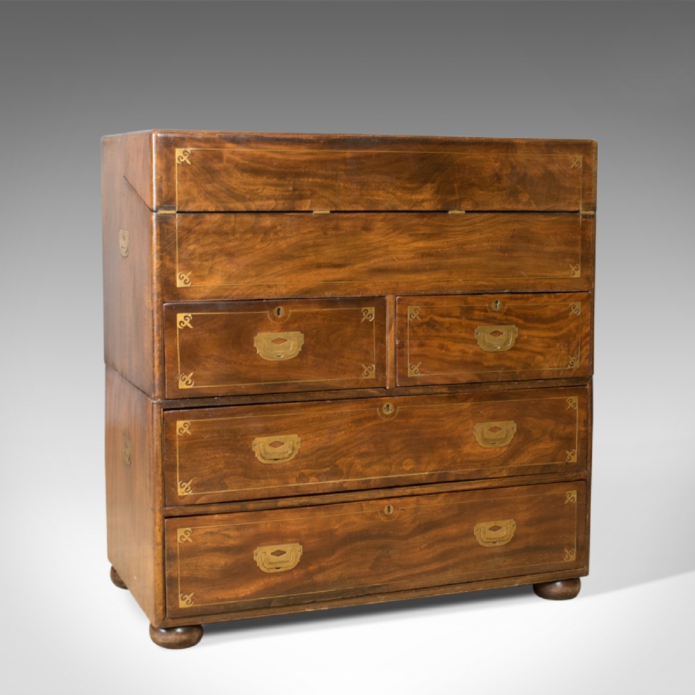 Antique Campaign Chest, Edwardian, Officer's Secretaire, Drawers, Bureau