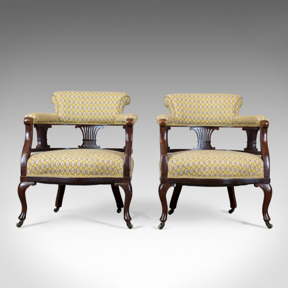 Pair of Antique Salon Chairs, English, Victorian, Scroll Back, Armchairs, c.1870