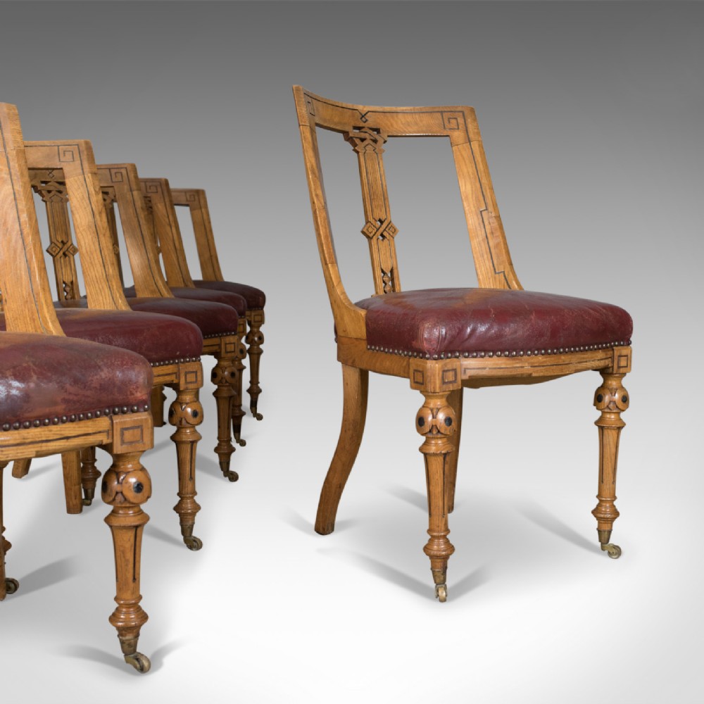 Set of Six Antique Dining Chairs, Scottish Ash Leather, Aesthetic Movement c1880