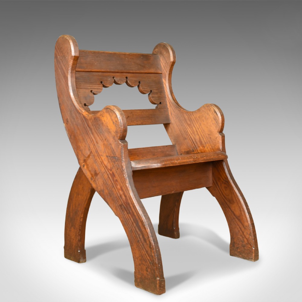 Antique Hall Chair, English, Victorian Pitch Pine Armchair, Ecclesiastical c1880