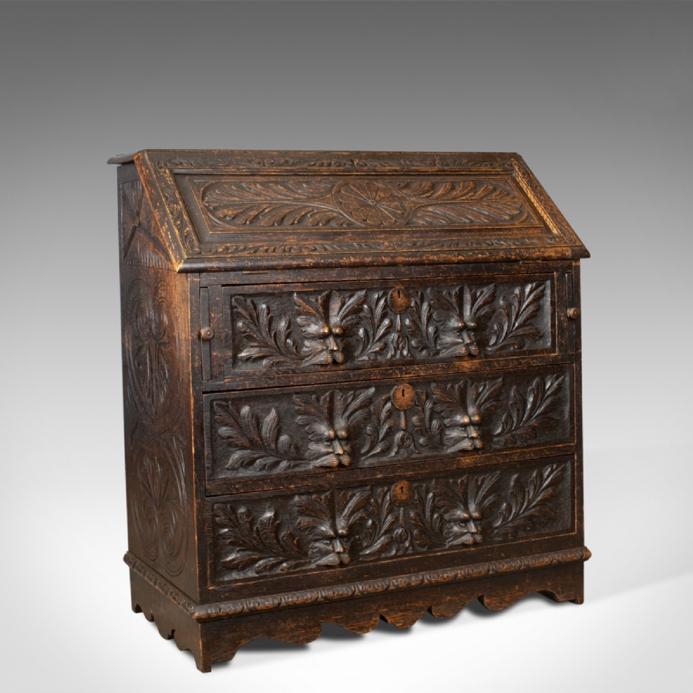 Antique Bureau, English, Oak, Victorian, Green Man, Circa 1880