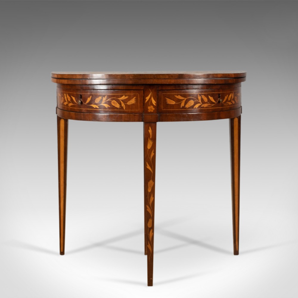 Antique Tea Table, Dutch, Fold-Over, Inlaid, Mahogany, Side, Circa 1780