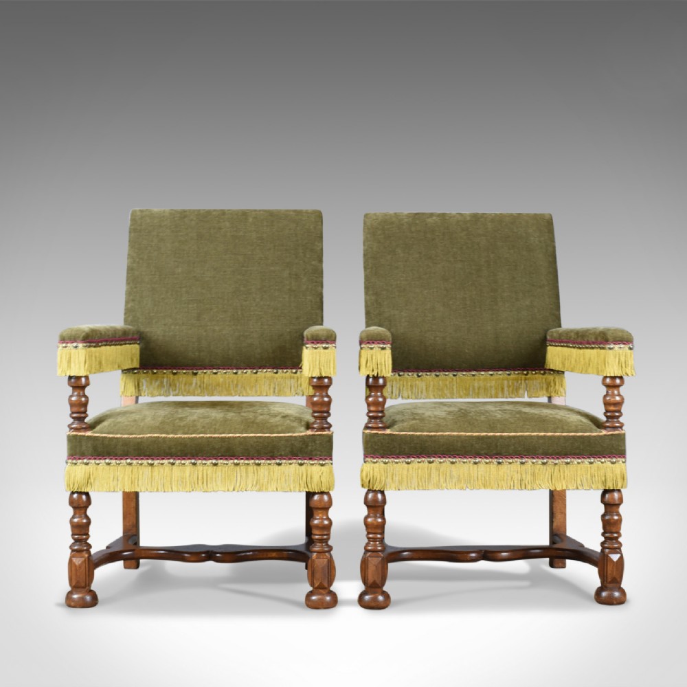Pair of Antique Armchairs, English Oak Edwardian Jacobean Revival Chairs c.1910