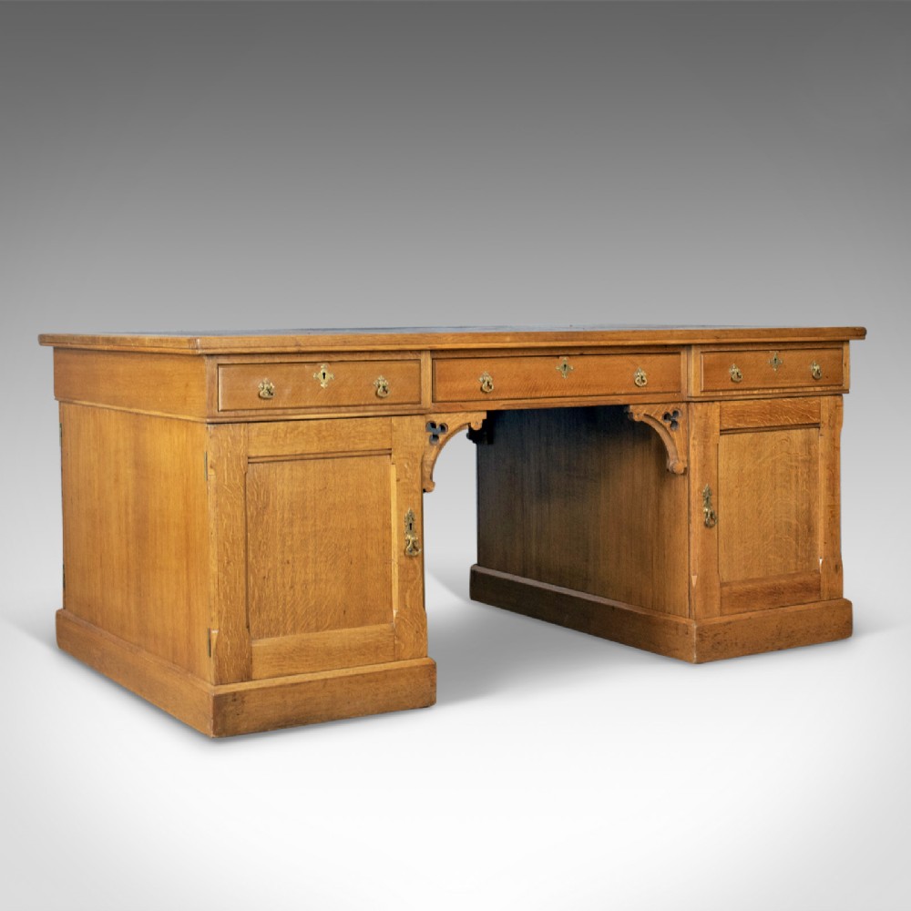 Antique Partner's Desk, John Taylor & Son, Edinburgh, Gothic, Oak, Circa 1870