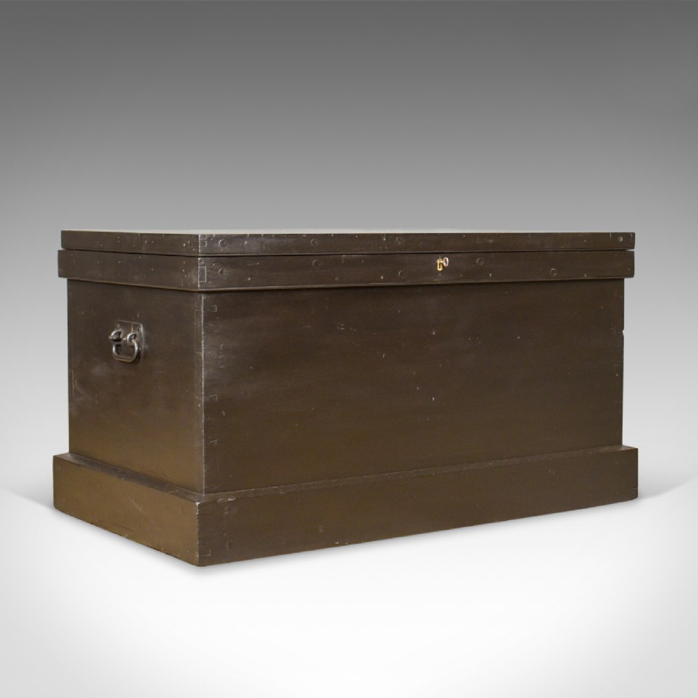 Antique Campaign Chest, English, Ebonised, Mahogany Trunk, Circa 1880