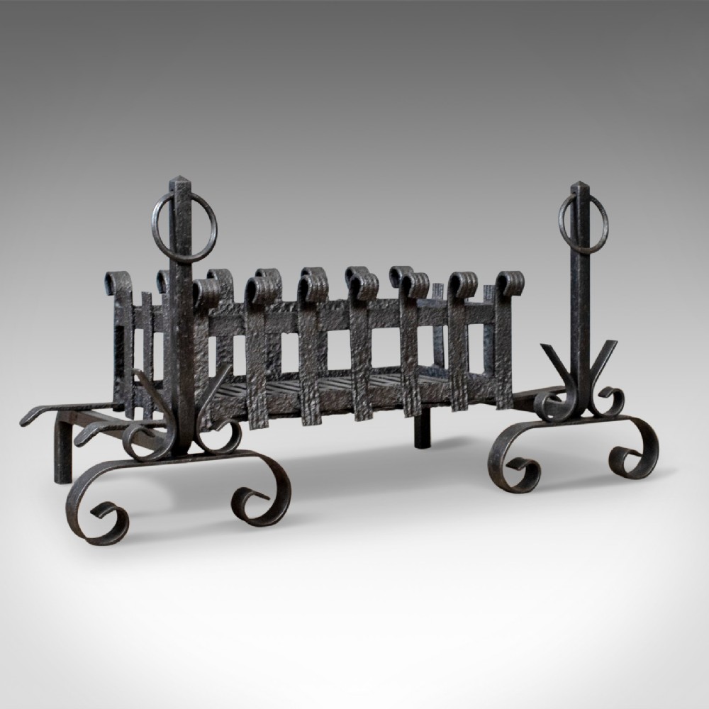 Antique Fire Basket on Andirons, Fire Dogs, English, Fireplace Grate c.1900