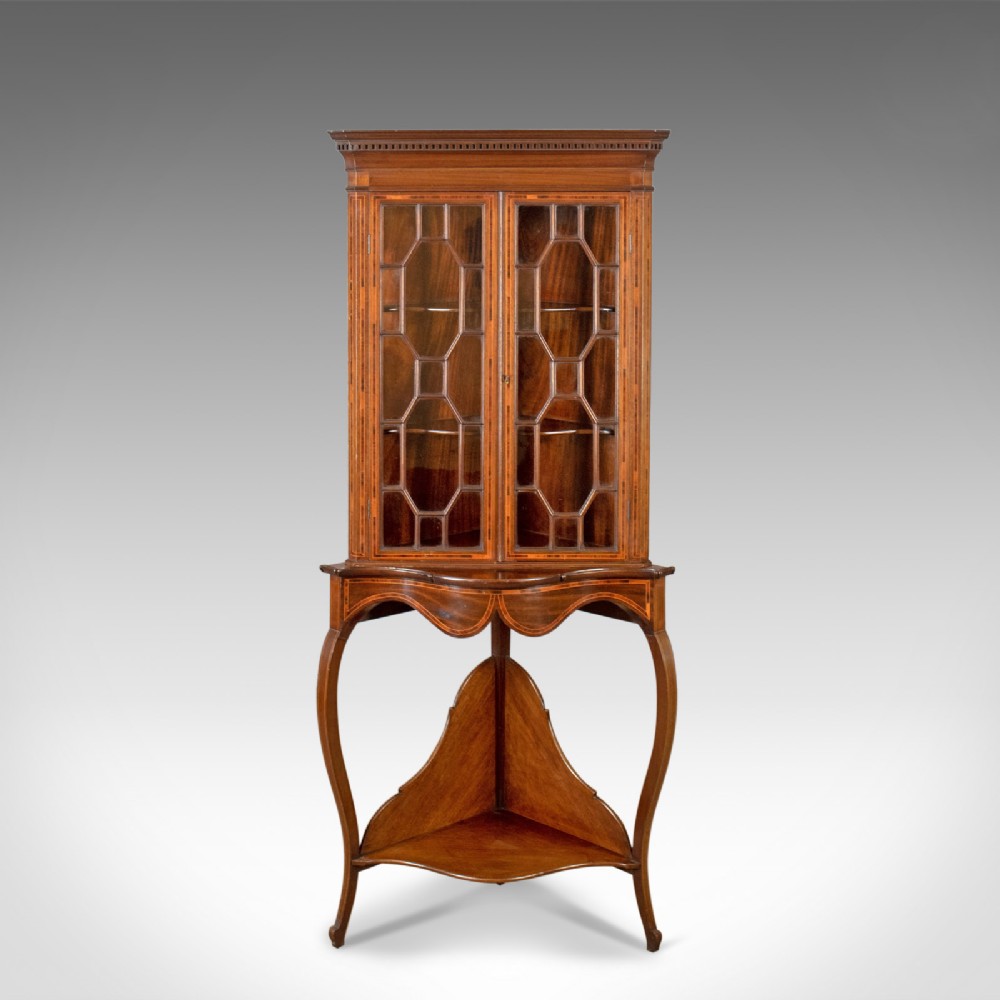Antique Display Cabinet on Stand, English, Edwardian, Glazed, Mahogany, Corner