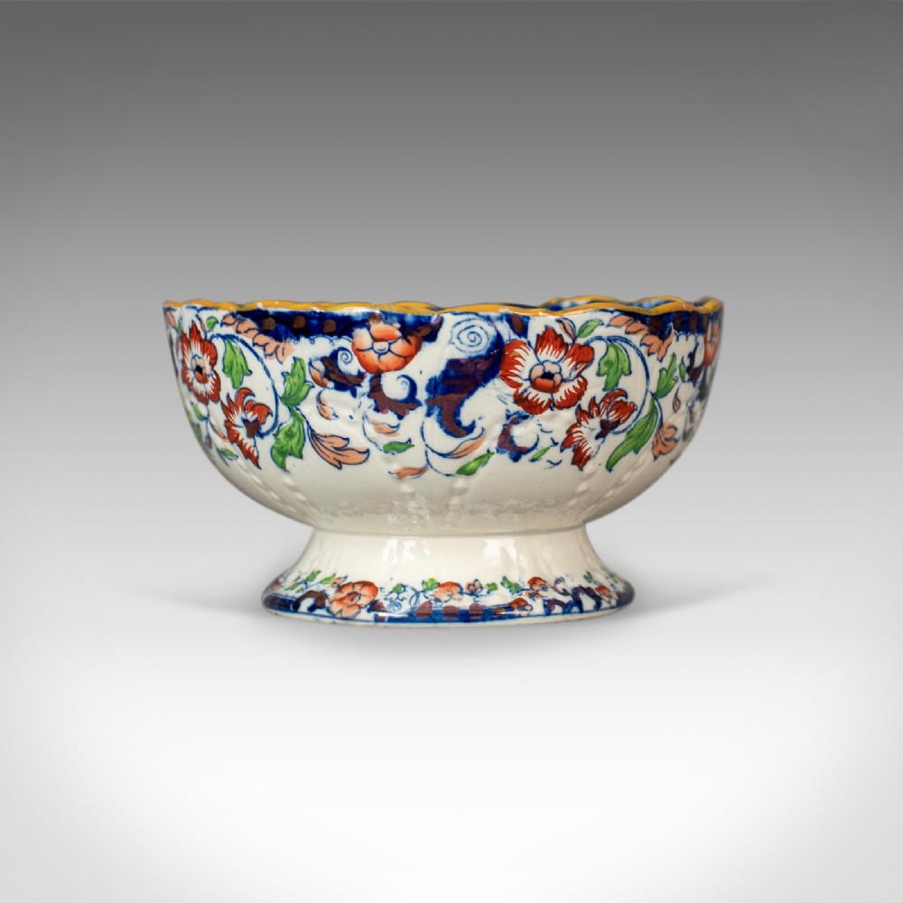 Antique Footed Bowl, Blue, White and Ochre, Ironstone, Fruit Circa 1900