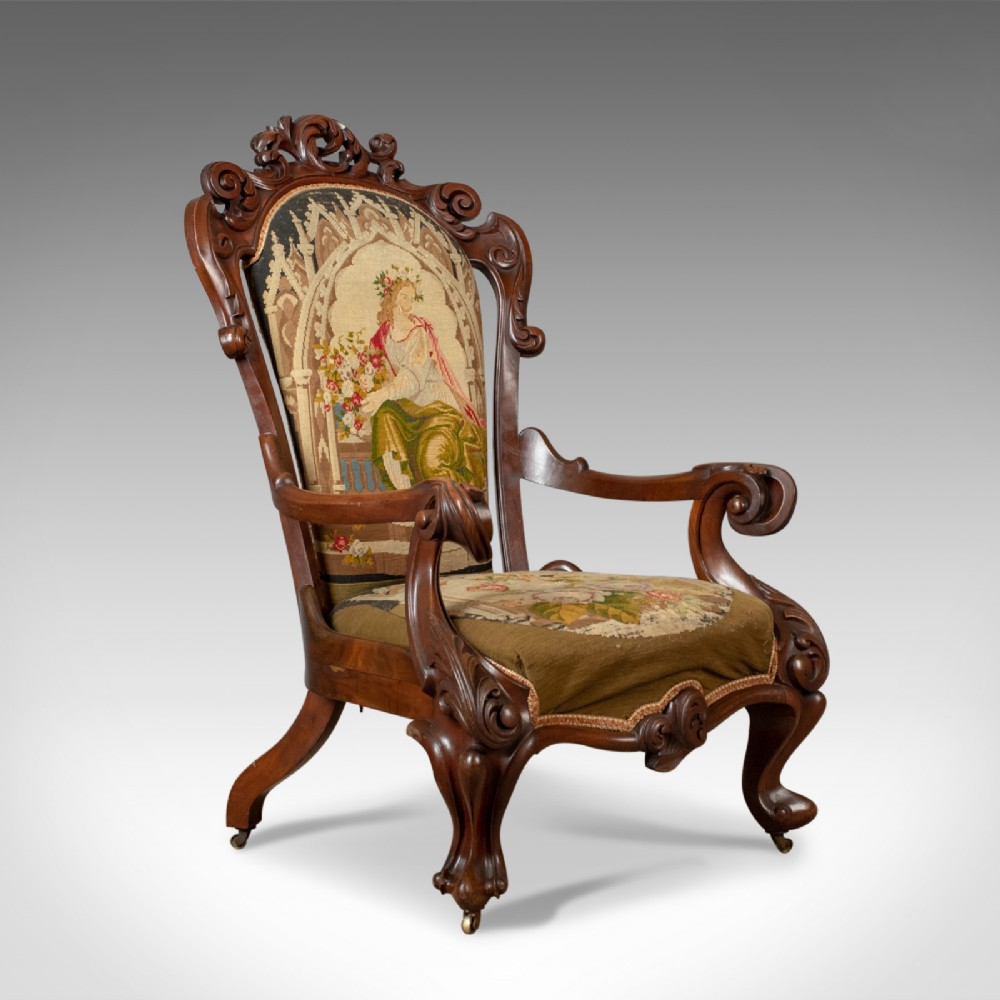 Antique Armchair, 19th Century, Victorian, Chair, Walnut, Needlepoint Circa 1850
