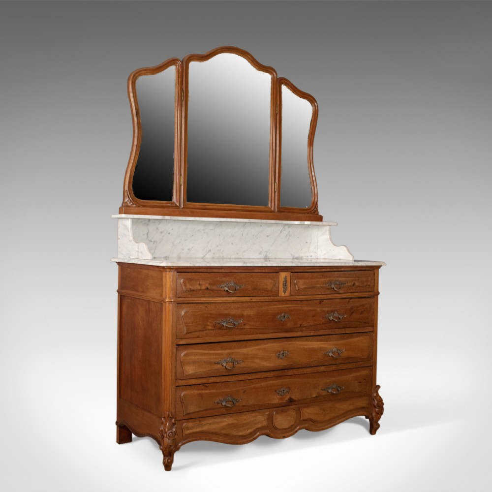 Antique Vanity Chest of Drawers, French, Marble Top, Mirror Back, Mahogany c1880