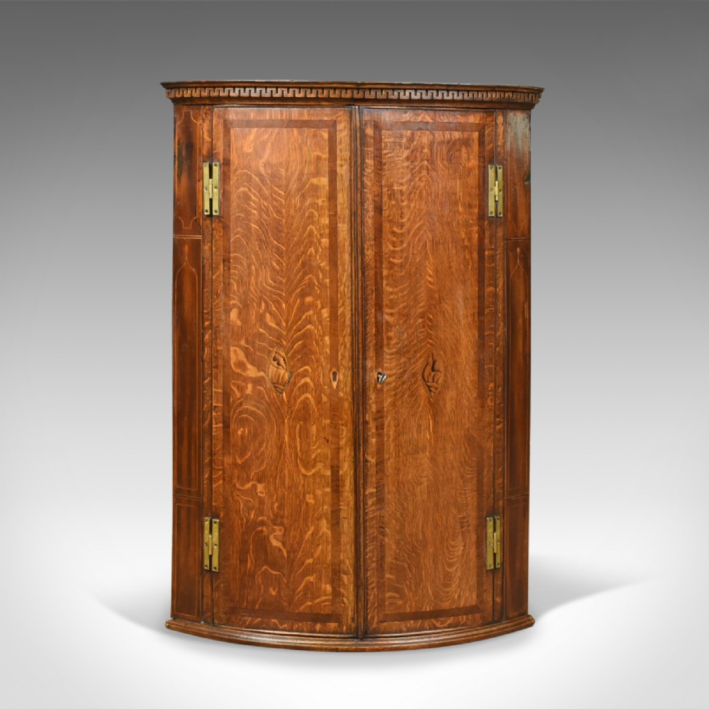 Antique Bow Fronted Corner Cabinet, English, Georgian, Oak, Hanging Circa 1770