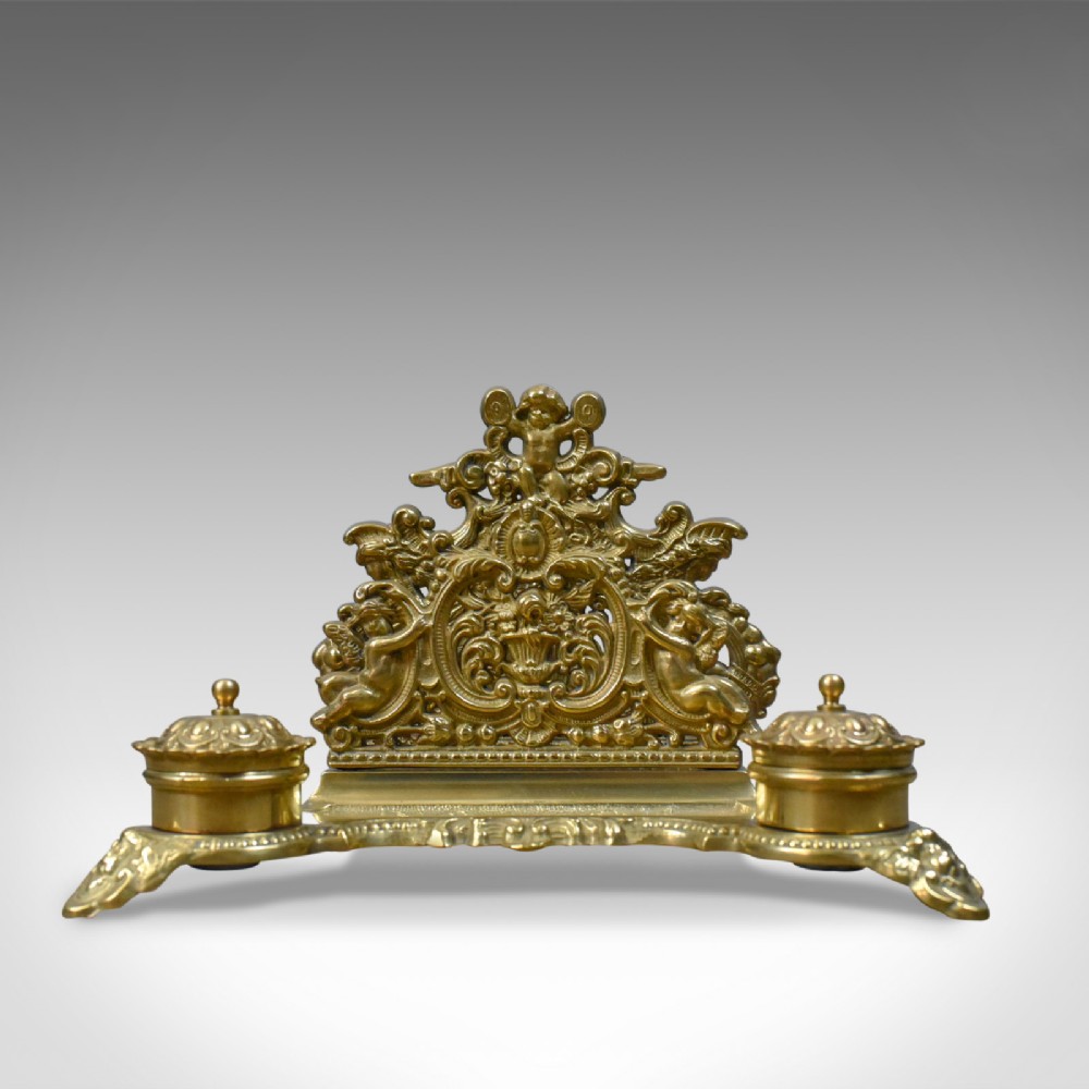 Antique Desk Stand, English, Edwardian, Gilt Metal Letter Rack, Inkwells c.1910