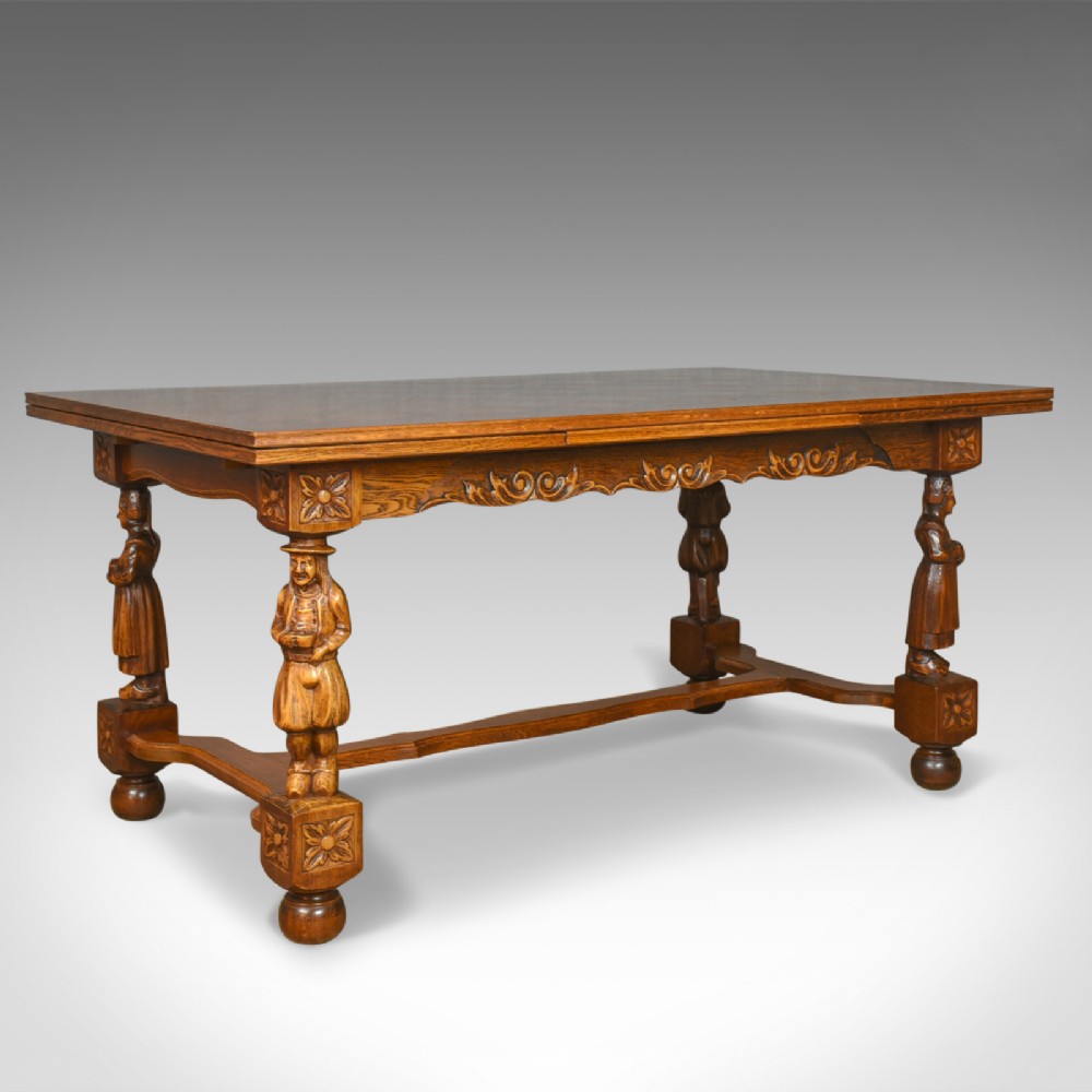 Antique Dining Table, Extending, Oak, Draw Leaf, Flemish, Seats up to 10, c.1930