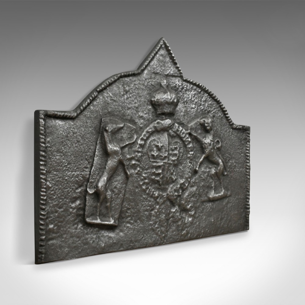 Tudor Revival Cast Iron Fire Back, Royal Crest, Lion, Greyhound, Victorian c1890