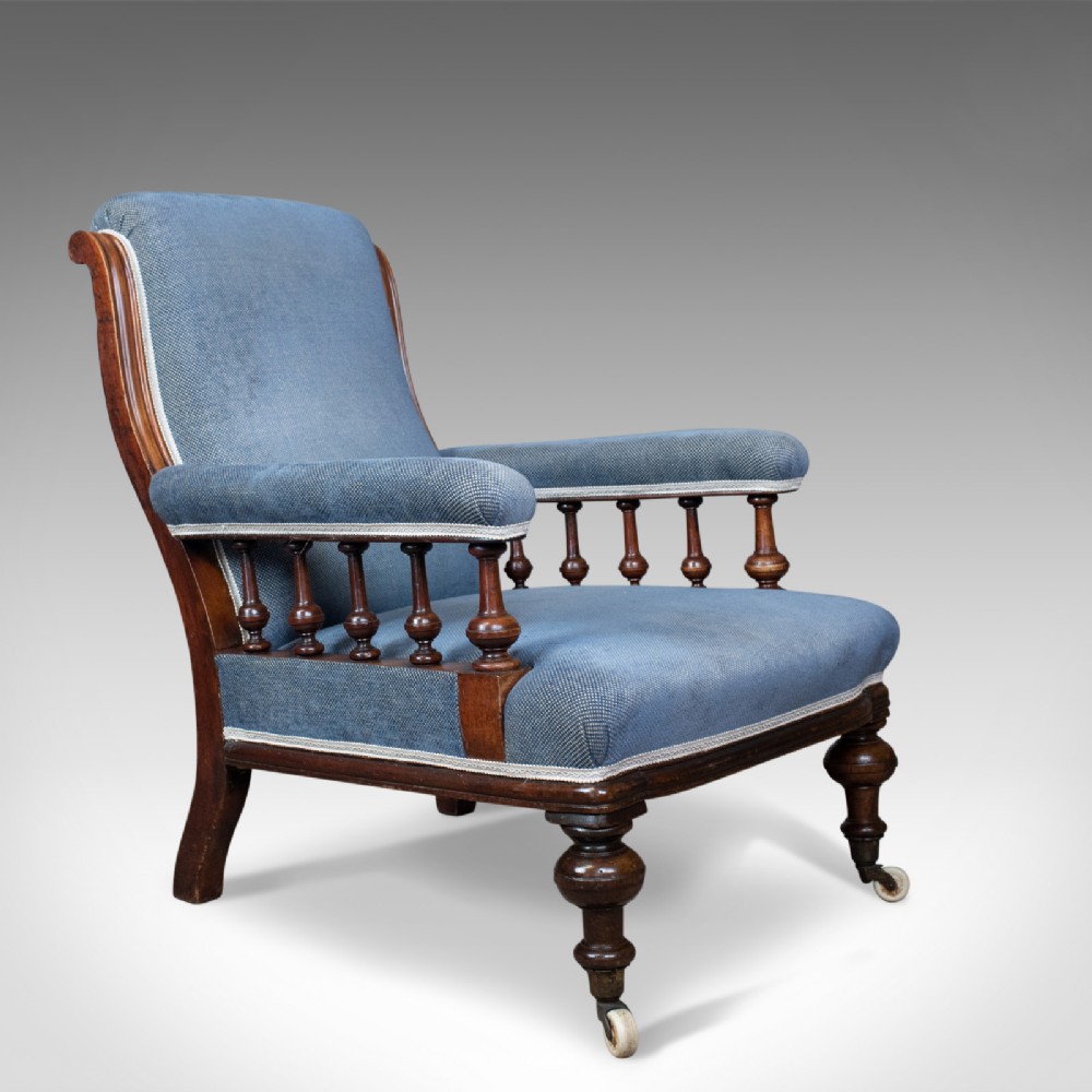 Antique Armchair, English, Victorian, Club Chair, Walnut, Blue, Circa 1880