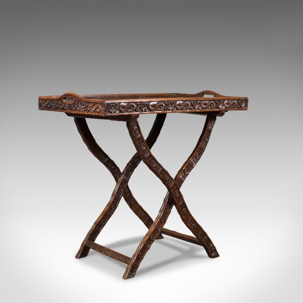 Antique Butler's Tray, Carved, Oriental Teak, Folding Stand, Circa 1900