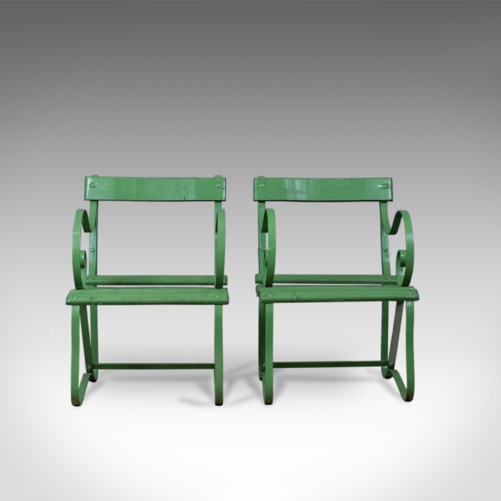 Pair of Antique Garden Chairs, Painted, English Victorian, Iron, Hardwood c1880 