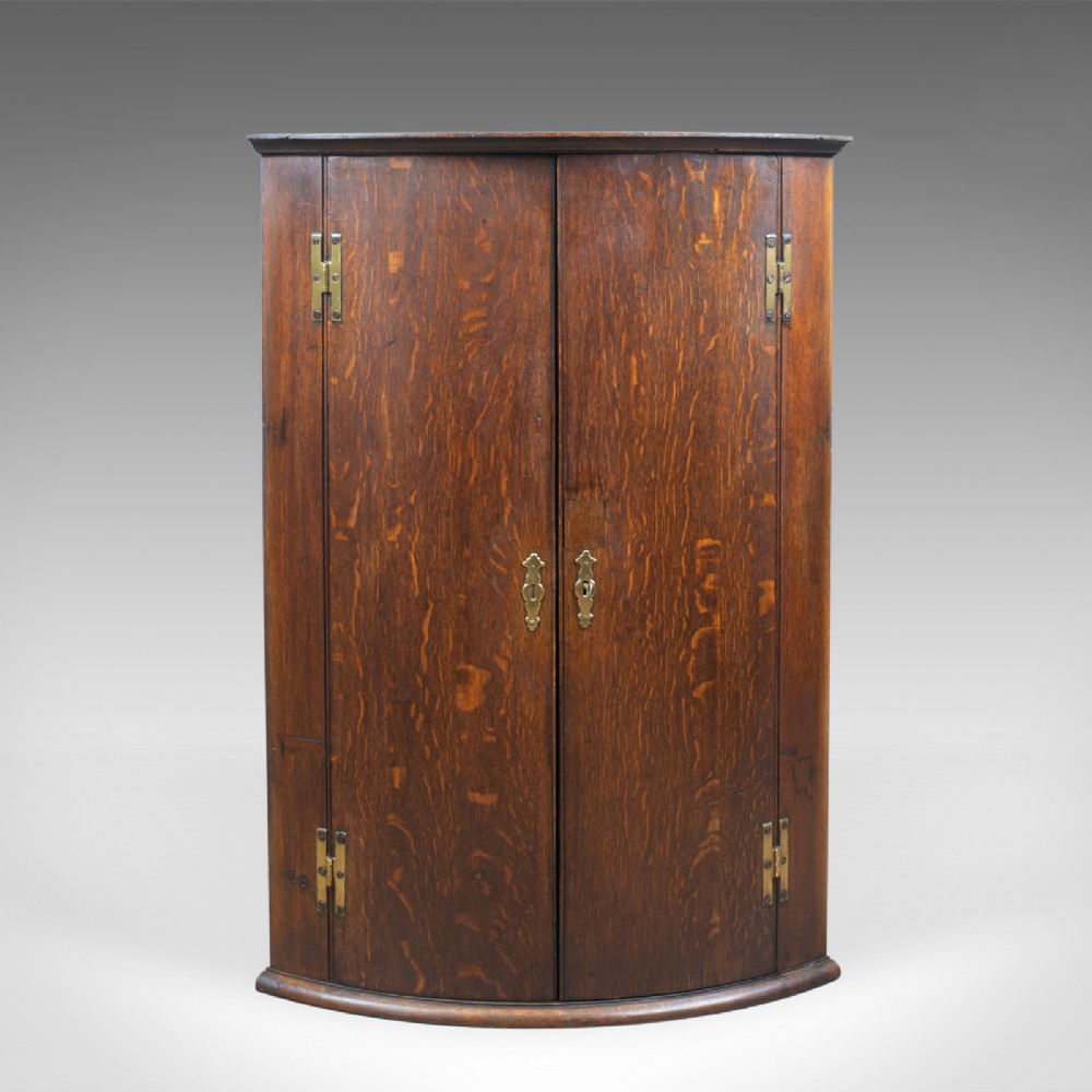 Antique Bow Fronted Corner Cabinet, English, Oak, Georgian, Hanging Circa 1770