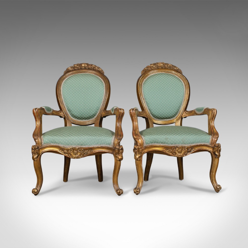 Pair of Antique, Louis XV Revival, Open Armchairs. French, Giltwood, Circa 1900