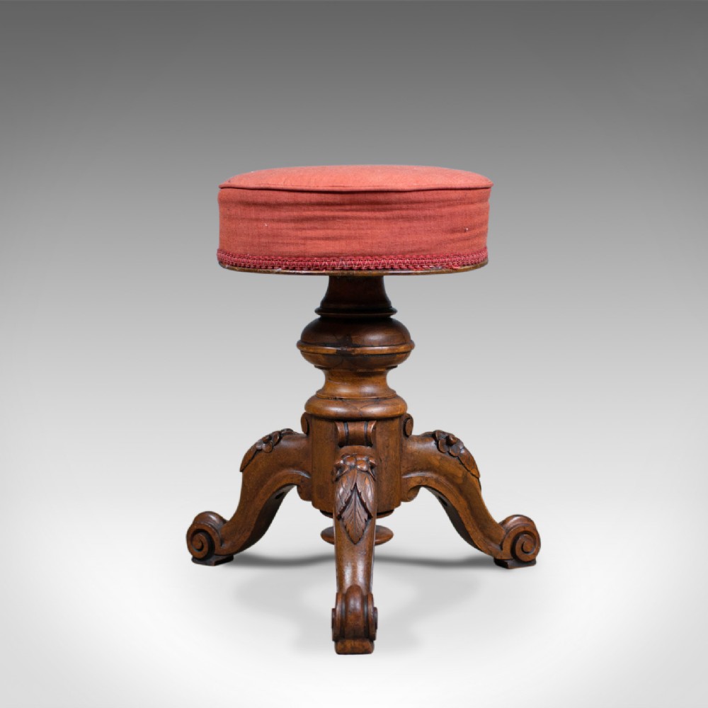 Antique Piano Stool, Walnut, Adjustable, English, Victorian, Seat Circa 1860