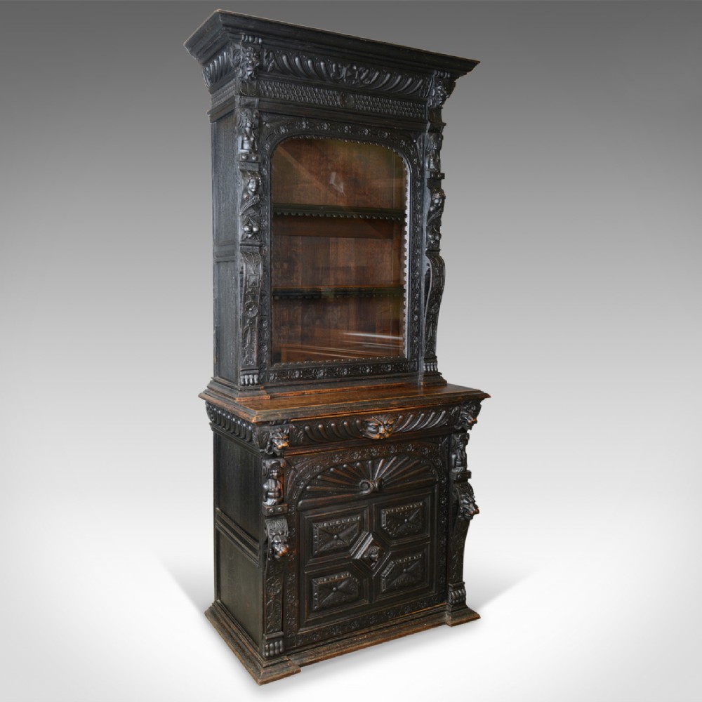 Tall Antique Display Cabinet, Victorian, English, Oak, Cupboard, Green Man c1870