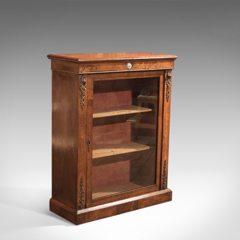 Antique Pier Cabinet, Burr Walnut Glazed Cupboard, French Period Furniture c1880