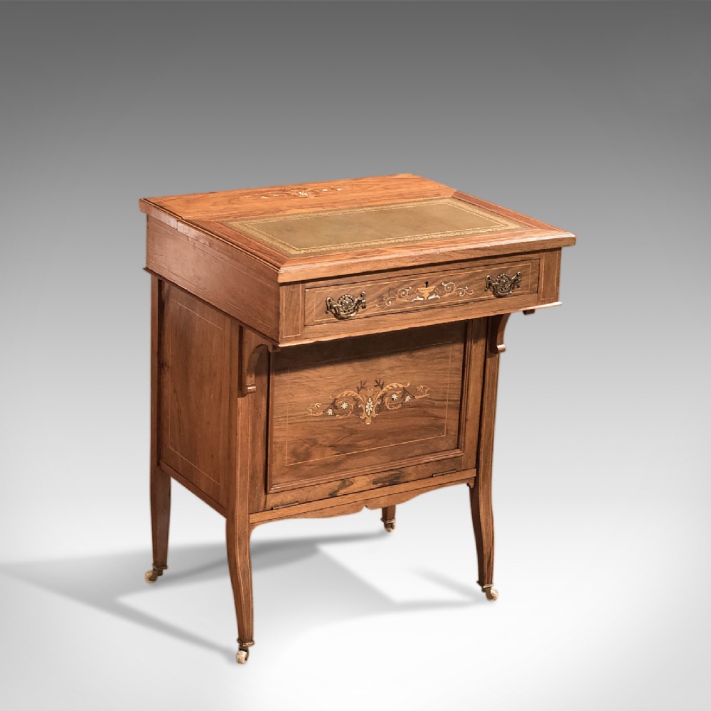 Antique Davenport, Edwardian Tilt Top, English, Inlaid, Walnut