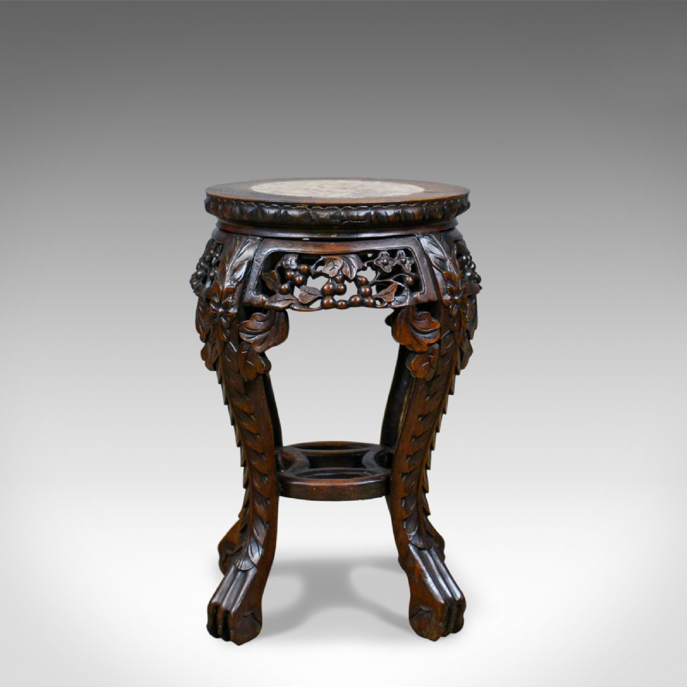 Antique Side Table, Carved, Chinese, Stand, Teak, Marble, Circa 1900