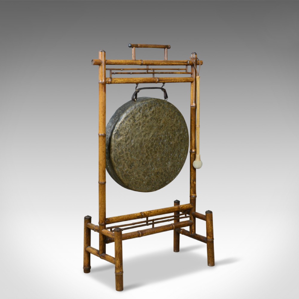 Large Antique Dinner Gong, Bamboo Frame, Victorian Instrument, Circa 1890