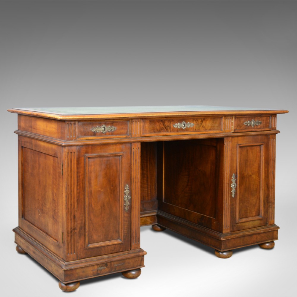 Antique Pedestal Desk, French, 19th Century, Walnut, Leather Top, Circa 1880