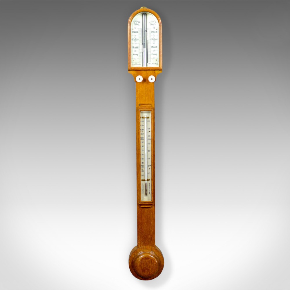 Antique Stick Barometer, Thermometer, Carpenter and Westley, London, Oak, c.1860